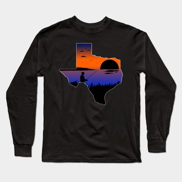 Texas Fishing Fisherman on the Lake at Sunset Silhouette Long Sleeve T-Shirt by Sports Stars ⭐⭐⭐⭐⭐